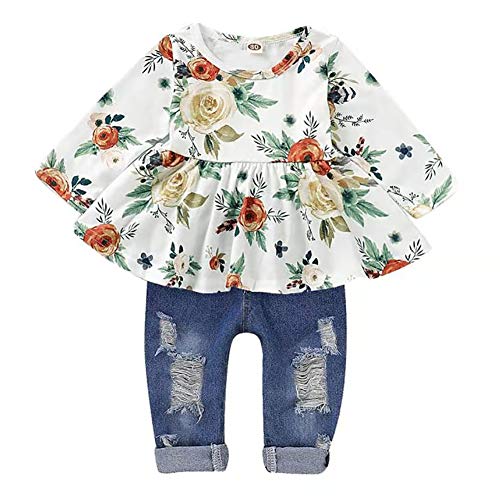 Image of SANMIO Toddler Girl Clothes, Baby Girl Outfits Cute Floral Long Sleeve Ruffle Shirt and Jeans Pants Fall Winter Clothing Set