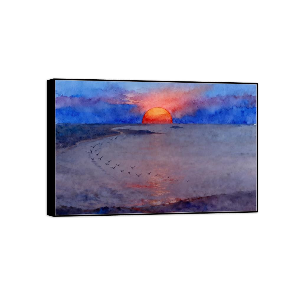 OZPWBVY Meer Leinwandbild-Sonnenuntergang Wolken-Küsten Landschaftsbilder für Wohnzimmer Schlafzimmer Fertig zum Aufhängen 50x75cm Schwarz Rahmen
