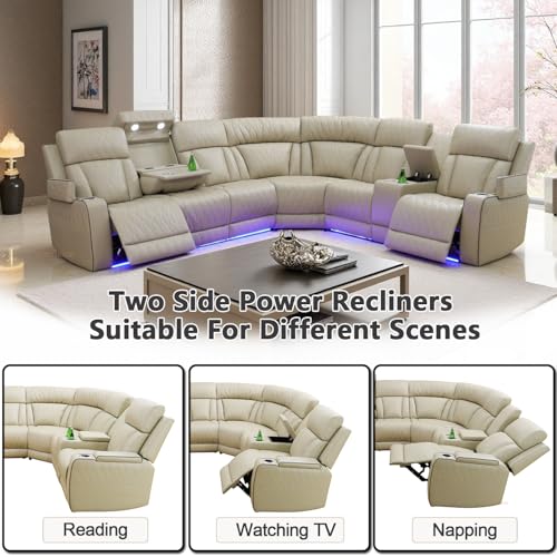Image of Leather Power Reclining Sectional Sofa Set with LED, Leather Sectional Recliner Couch Set with 5 Recliner Seats,Modular Sofa with USB Port,Cup Holder,Storage for Living Room Furniture