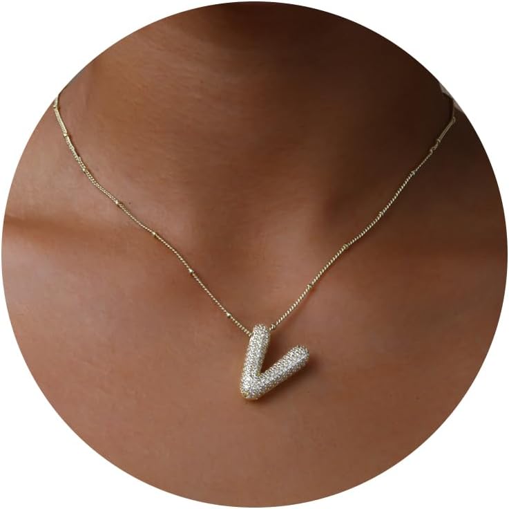 Apsvo Bubble Letter Necklace Gold, A-Z Balloon Initial Necklaces Rhinestone Puff Letter Pendant Chunky Alphabet Necklace for Women