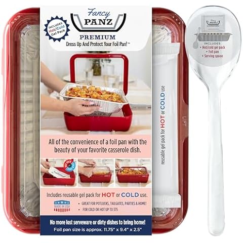 Fancy Panz Premium, Serving Tray for Food, Made in the USA Foil Pan Carrier, Stackable Aluminum Pan Holders, Travel Casserole Carrier, Red Cover