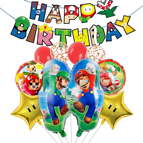 11PCS Super Bro Party Balloons Cartoon Foil Balloons Super Bro Theme Birthday Decorations Set Party Supplies for Kids Boys Girls Happy Birthday Party Decorations
