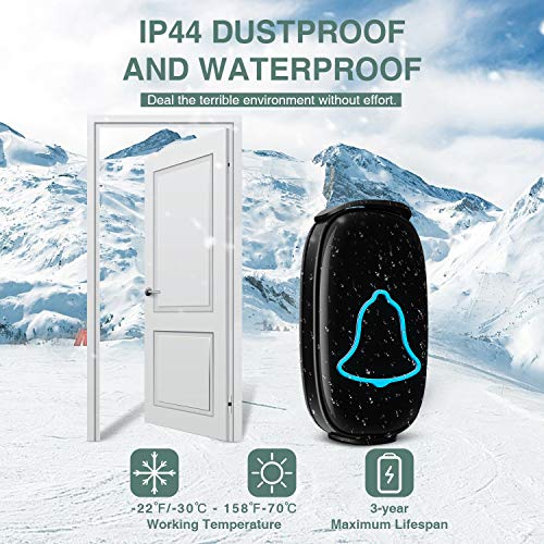 Wireless Doorbell, Bo Ying Waterproof Door Bell, Easy Install, Operating At 1000Ft Range With 38 Melodies To Choose, Adjustable Volume And Led Flash,1 Push Button(Battery Included)&1 Receiver (Black) #TOP3