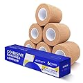 RISEN Cohesive Bandage 2” x 5 Yards, 6 Rolls, Self Adherent Wrap Medical Tape, Adhesive Flexible Breathable First Aid Gauze Ideal for Stretch Athletic