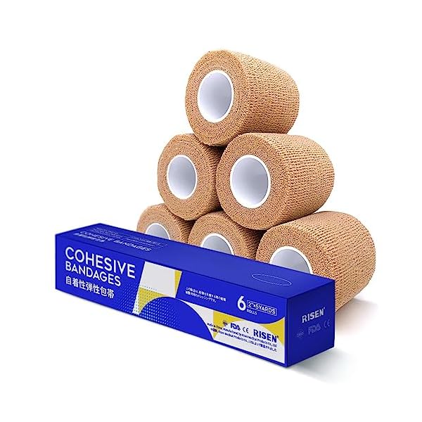 RISEN Cohesive Bandage 2” x 5 Yards, 6 Rolls, Self Adherent Wrap Medical Tape, Adhesive Flexible Breathable First Aid Gauze Ideal for Stretch Athletic
