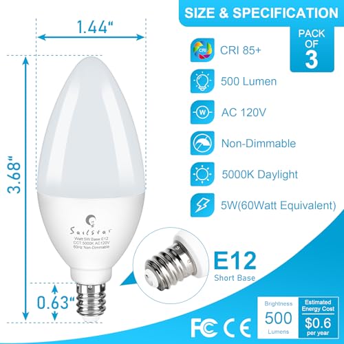 Sailstar Candelabra Light Bulbs 60 Watt Equivalent, 5000K Daylight, 5W E12 Small Base Type B LED Bulbs, 500 Lumens, Chandelier Ceiling Fan Light Bulbs, CRI 85, Non-dimmable, Pack of 10 by Sailstar - Used condition - Image 4