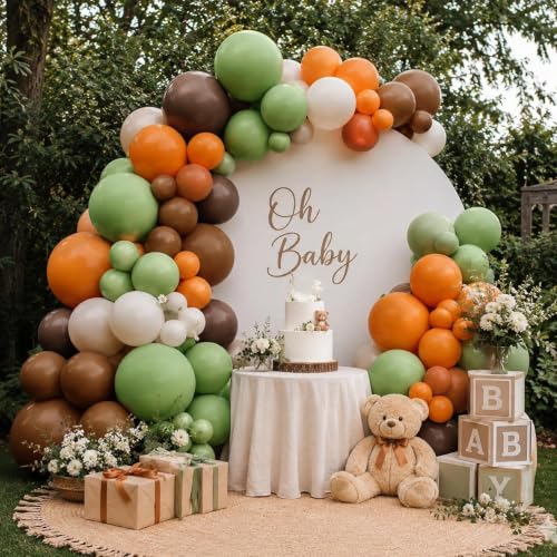 Image of Green Brown Orange Balloon Garland Double Stuffed Fall Thanksgiving Balloon | Sage Green White Cream Beige Balloon Arch Kit for Baby Shower Birthday Dinosaur Woodland Pumpkin Party Decorations
