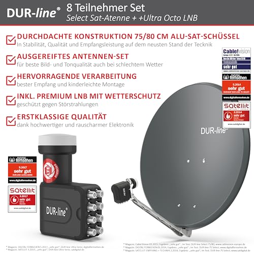 DUR-line 8 Teilnehmer Set - Qualitäts-Alu-Satelliten-Komplettanlage - Select 75cm/80cm...