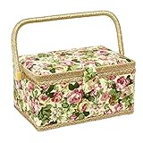 Sewing Basket with Rose Floral Print Design- Sewing Kit Storage Box with Removable Tray, Built-in Pin Cushion and Interior Pocket - Medium - 11" x 7" x 5.5" - by Adolfo Design
