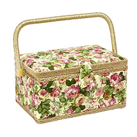 Sewing Basket with Rose Floral Print Design- Sewing Kit Storage Box with Removable Tray, Built-in Pin Cushion and Interior Pocket - Medium - 11" x 7" x 5.5" - by Adolfo Design