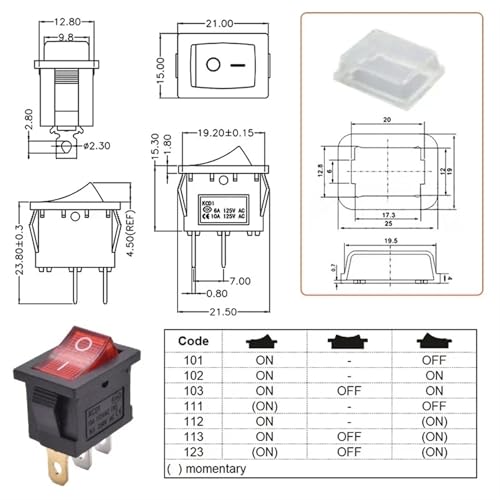 Interruptor basculante KCD1 SPST ON OFF con luz amarilla de 12V 7