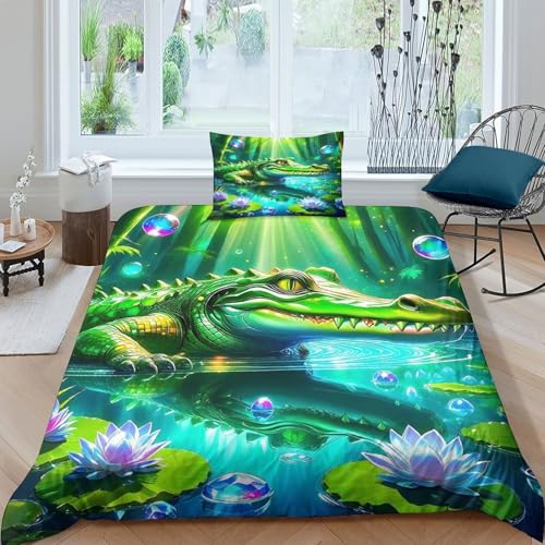 Linge de lit imprimé 3D crocodile et parure de couette microfibre single - 3