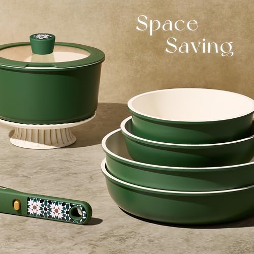Image of CAROTE 19Pcs Ceramic Cookware Set, Pots and Pans Set Non stick, Non Toxic Cookware Detachable Handle, Kitchen Cooking Set - Induction Cookware, Dishwasher /Oven Safe, PFAS Free, Green