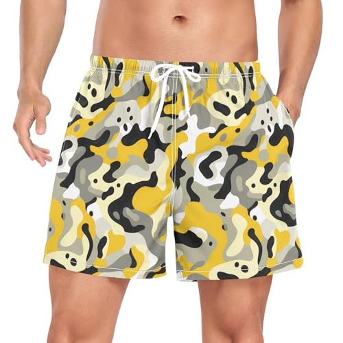 Camouflage Yellow Mens Swimsuit Trunks Men 2 in 1 Swimsuits Phone Pocket Quick Dry Elastic S