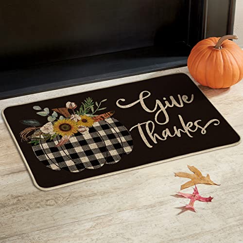 Artoid Mode Give Thanks Buffalo Plaid Pumpkin Decorative Doormat Black, Seasonal Fall Harvest Vintage Thanksgiving Low-Profile Floor Mat Switch Mat For Indoor Outdoor 17 X 29 Inch #TOP13