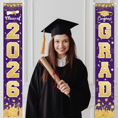 Image of 2026 Graduation Party Decorations - Purple Gold Class of 2026 Congrats Grad Porch Sign Banner Hanging Flag Graduation Party Supplies for School College Classroom Decor