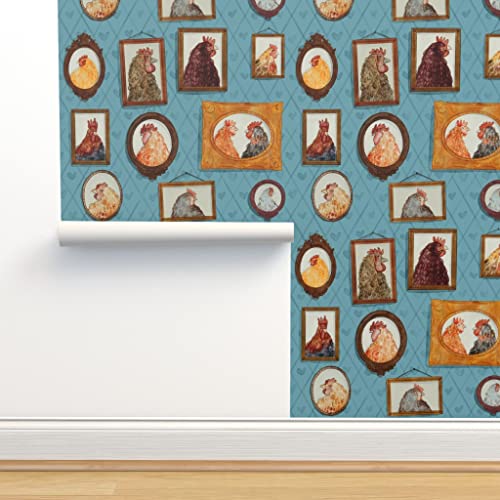 Spoonflower Peel & Stick Wallpaper 12Ft X 2Ft - Chicken Family Portraits Hen Rooster Kitsch Frames Portrait Chickens Farm Animals Farmhouse Vintage Custom Removable Wallpaper #TOP21