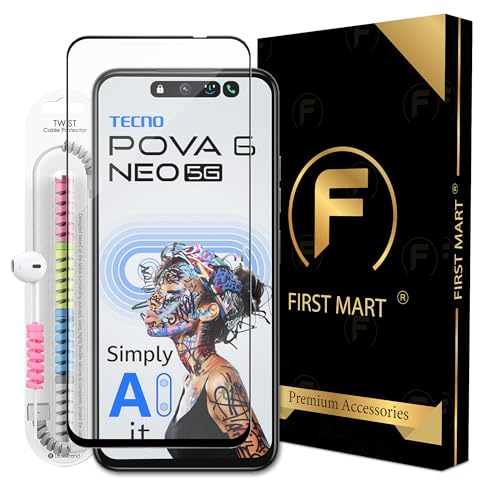 Image of FIRST MART Military-Grade Gorilla Tempered Glass for Tecno Pova 6 Neo with Edge to Edge Full Screen Coverage, Cable Protector and Easy Installation kit