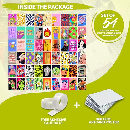 Image of MODERN GALLERY MART Pack of 54 Indie Y2K Hippie Wall Collage Kit Posters - 4 x 6 Inches Posters for Wall Decoration - Wall Art For Bedroom, Office, Living room, Dorm room - Glue Dots Included