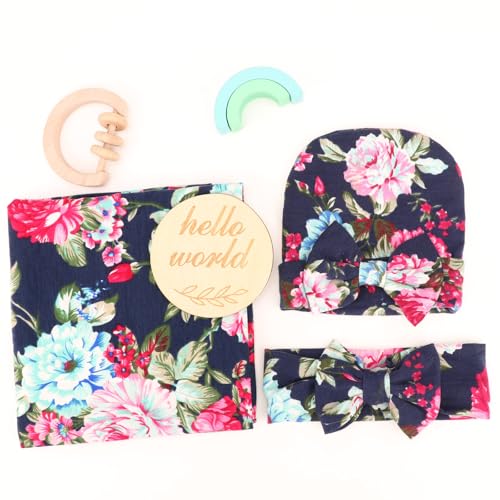 Image of DRESHOW BQUBO Baby Girl Newborn Receiving Blanket with Bow Hat Headband Wooden Birth Announcement Card Set Baby Floral Print Nursery Swaddle Wrap
