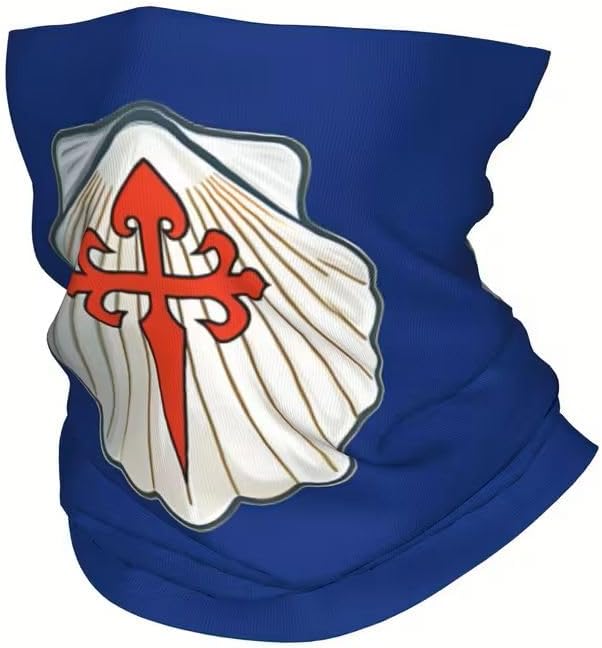 Way of Santiago de Compostela Multifunctional Scarf "Cruz de Santiago" - Blue with scallops and shells - Seamless Bandana for Pilgrims - 50 cm