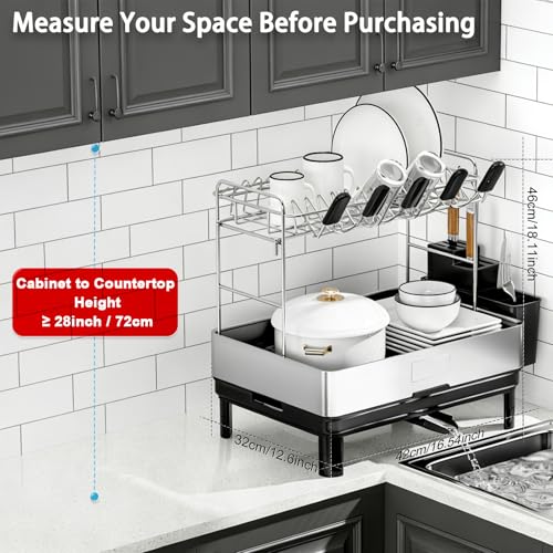 Image of Ewaiira Dish Drying Rack, 2 Tier Large Dish Rack, Stainless Steel Dish Drainer for Kitchen Counter, Dishes Rack with Automatic Drainage, Utensil Holder,Cups Holder,Space Saving Kitchen Organizer,Black