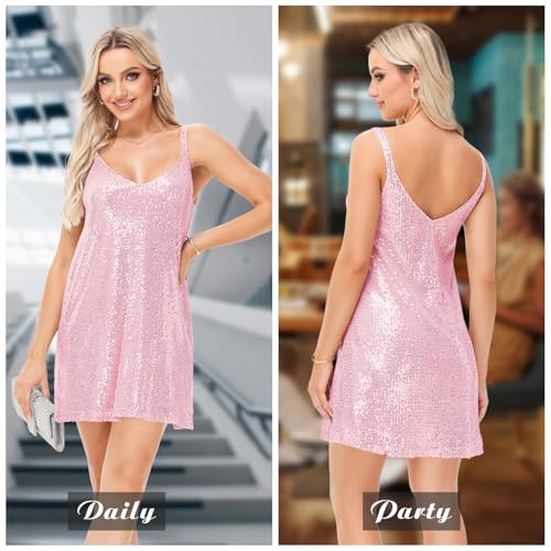 Image of Women's Summer Sleeveless Mini Dress Deep V-Neck Glitter Sequin Dress Sexy Short Dress