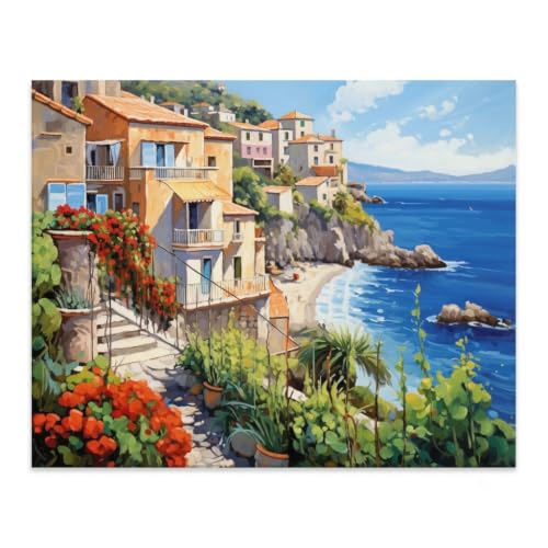 Image of Art Therapy Pcn30 Linen Canvas DIY Paint by Numbers Kit 15 x 20 Inch for Adults and Kids with 2 Set of Acrylic Oil Painting Colors with Brushes for Stress Relief & Home Decoration (Seaside Haven)