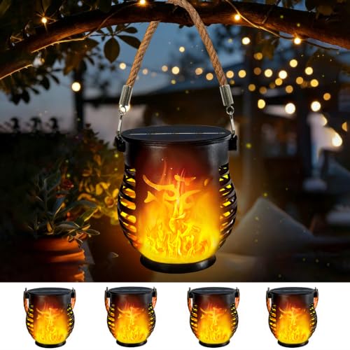 4 Pack Solar Lanterns Outdoor Waterproof Hanging Flickering Flame Lights