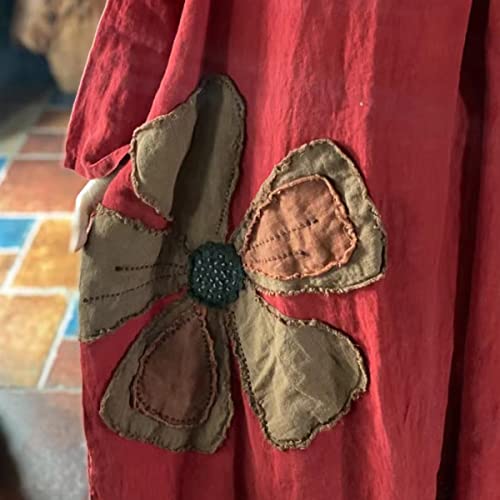 NFYM Women's Kaftan Dresses V Neck Linen Vintage Handmade Applique Flower Loose Maxi Robe Dress2