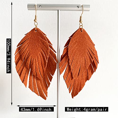 Handmade Bohemian Large Soft Genuine Leather Fringe Double Feather Lightweight Color PU Leaf Drop Dangle Earrings for Women Fashion Jewelry Gifts2