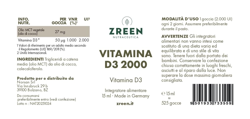Vitamina D3 2000 UI Gocce – 15 ml (525 Gocce) con Olio di Cocco MCT – Formula in Olio Liquido – Per Adulti – Prodotto in Germania – Integratore Alimentare