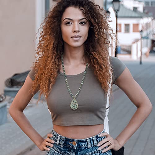 Pearlfect Long Pendant Necklaces For Women/Men Trendy, 8Mm Womens Beaded Jasper Necklace,32 Inch Green Stone Bead Boho Necklace Jewelry,Chunky Statement Necklace,Handmade Fashion Jewelry Gifts (06 Green Dot Jasper) #TOP4