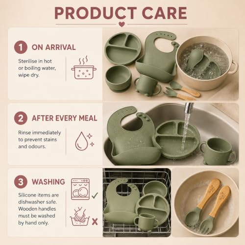 Image of Silicone Baby Feeding Set for Baby Led Weaning, 6 Months+ | 6 Pcs Sage Green Tableware Set, BPA Free Food Grade - Bowl, Divided Plate, Adjustable Bib, Cup, Spoon & Fork | Baby Gift