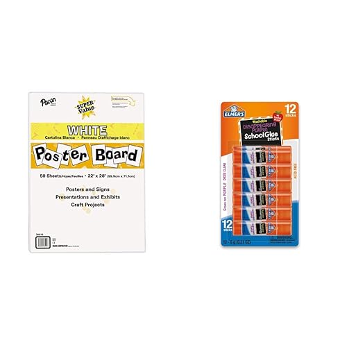 Pacon Tablero de póster de gran valor, 22 x 28 pulgadas, blanco, 50 hojas y barras de pegamento escolar púrpura desaparecidas de ELMER's, lavable,