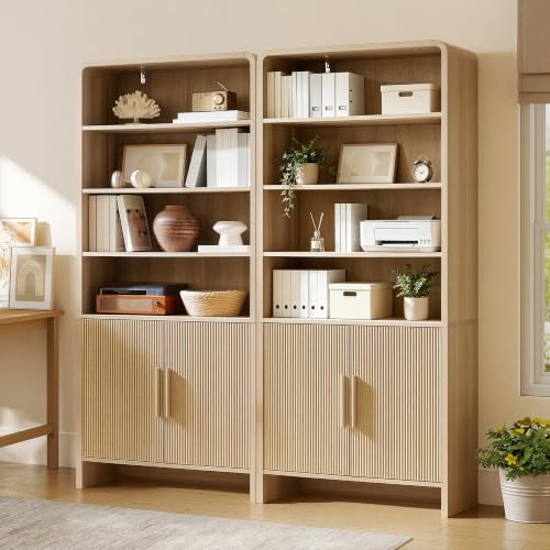 Image of AMERLIFE 71 inch Modern Bookcase Set of 2 with Storage Cabinet, 6-Tier Bookshelf with 3 Adjustable Shelves & Fluted Doors, Wood Curved Display Cabinet for Living Room, Dining Room, Home Office, Natural