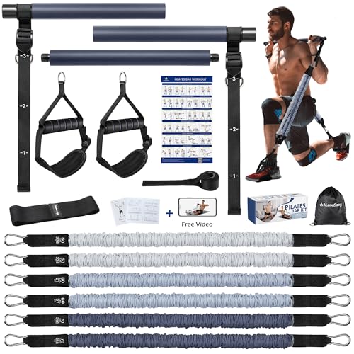 ALongSong Elastiques de Musculation Barre de Pilates avec 6 Bandes de Résistance Élastique 240LBS/360LBS Ancrage de Porte Réglable Amovible pour Fitness...