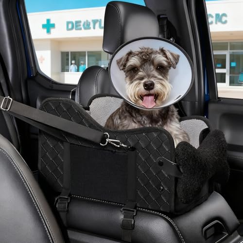 Hunde Autositz für kleine Hunde, Hundesitz Auto für Kleine bis Mittlere Hunde, Rutschfester Hundeautositz mit Sicherheitsgurt,Waschbar, Weiches Hundekissen mit Seitentaschen Schwarz