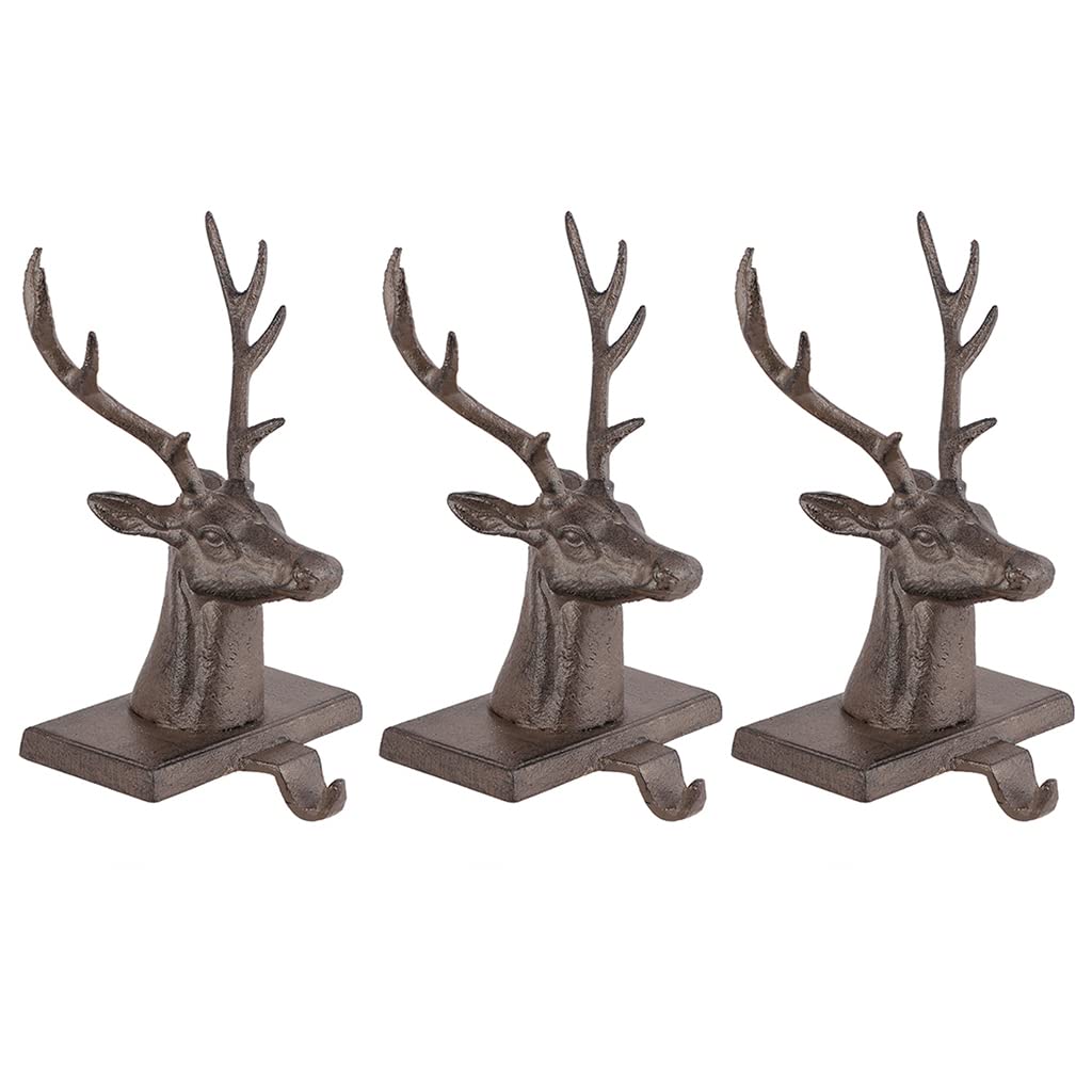 Dibor 3 Cast Iron Brown Reindeer Bust Christmas Stocking Holder Hanging Hooks - 1.4kg Recycled Metal Xmas Stocking Holder