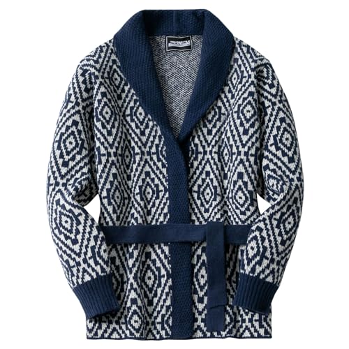 Cambkatl Men's Retro Diamond Pattern Cardigan Sweater Shawl Collar Long Sleeve Belted Knit Sweaters Outerwear