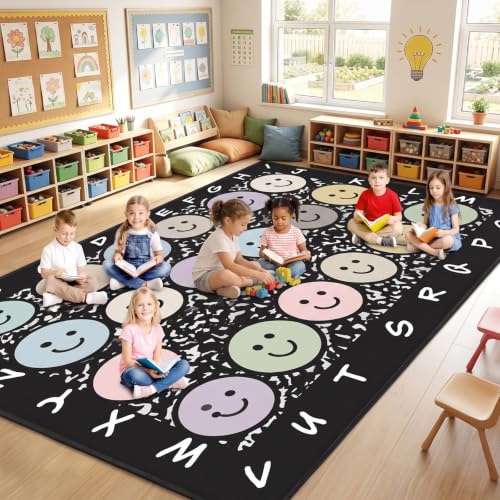 Teenyyou 9.9 x 6.6 ft Large Classroom Rug Composition Book Elementary Carpet Pastel Smile Educational Area Rug Kids Room Children Classroom Carpet Playroom Learning Colorful Round Back to School Decor