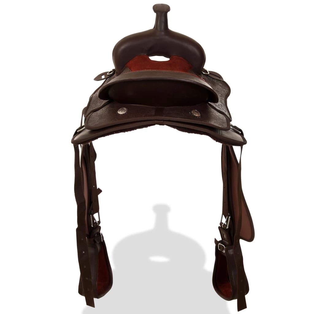 Juego de sillín Western de piel auténtica y piel sintética, asiento de pulgadas, con cabestro y pectoral, reforzado en puntos de presión, para jinete, caballo, equitación y terreno