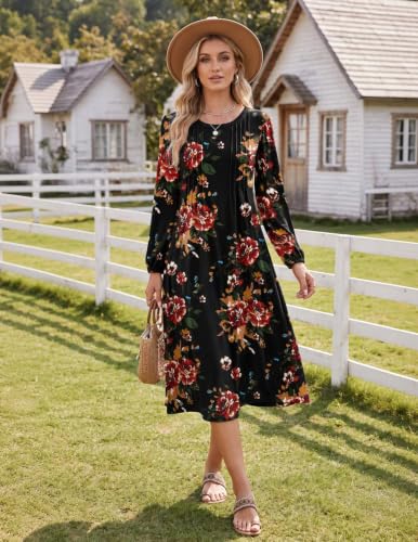Image of Zeagoo Fall Dresses for Women Long Sleeve Midi Dress Casual A Line Dresses 2026 Pleated Flare Dress with Pockets