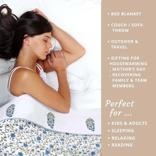 Image of TOAIArt Premium Jaipuri Dohar | AC Blanket Summer Quilt | Hand Block Printed | 3 Layers | Reversible | 150GSM 100% Mulmul Cotton | 100% Cotton Flannel Filling | Single 60 inch X 90 inch |White Blue Florals