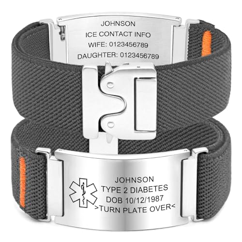 YOUNIFLARE Personalized Nylon Medical Bracelet with Laser-Engraved Medical Alert ID Tag and Secure Parachute-Style Buckle Adjustable Length Custom Safety Gift for Men and Women (Gray)
