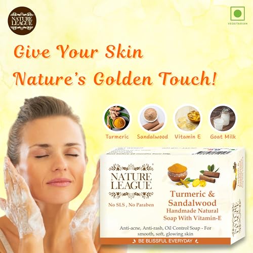 Image of TURMERIC & SANDALWOOD Handmade Soap, SLS & Paraben Free, Natural Skincare Cleanser Bar for Face & Body, Moisturizing, Gentle & Refreshing, Ideal for Everyday Use, Pack of 1 (100 gms)