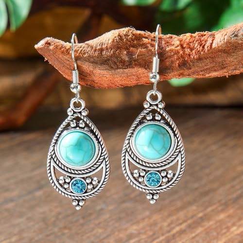 Boho Handmade Vintage Turquoise Earrings for Women Dangling Silver Bohemian Colorful Inlaid Stones Geometric Engraved Flower Pattern Round Long Tassel Drop Earrings Western Jewelry Gifts (big) by WETMT - Used condition - Image 6