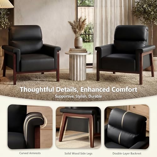 Image of STHOUYN Oversized Leather Accent Chair, Mid Century Modern Office Arm Chair with Solid Wood Legs & High Backrest, Comfy Upholstered Side Sofa Chair for Living Room, Waiting Room, Bedroom (1, Black)