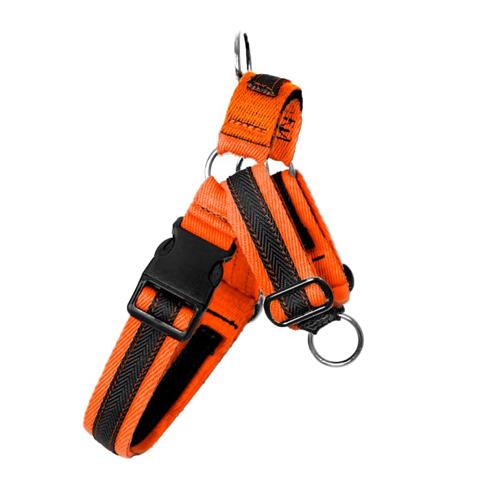 Arnés canino de paseo con opción anti-tiro. Material de adiestramiento y educación canina. Ligero y cómodo, con asa y funda protectora. (M, SIN FUNDA, NARANJA)