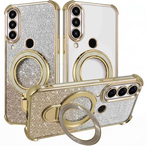LEHEHE Custodia Glitter per Huawei P30 Lite cover con Anello Magnetico Stand, Bumper Trasparente in TPU Morbido Antiurto con Protezione Fotocamera-Oro